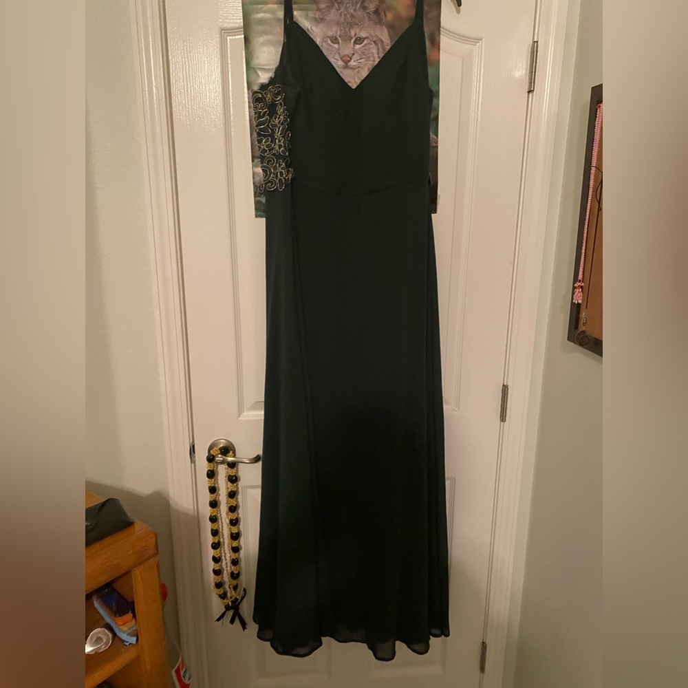 Green and Gold a line evening gown with vneck